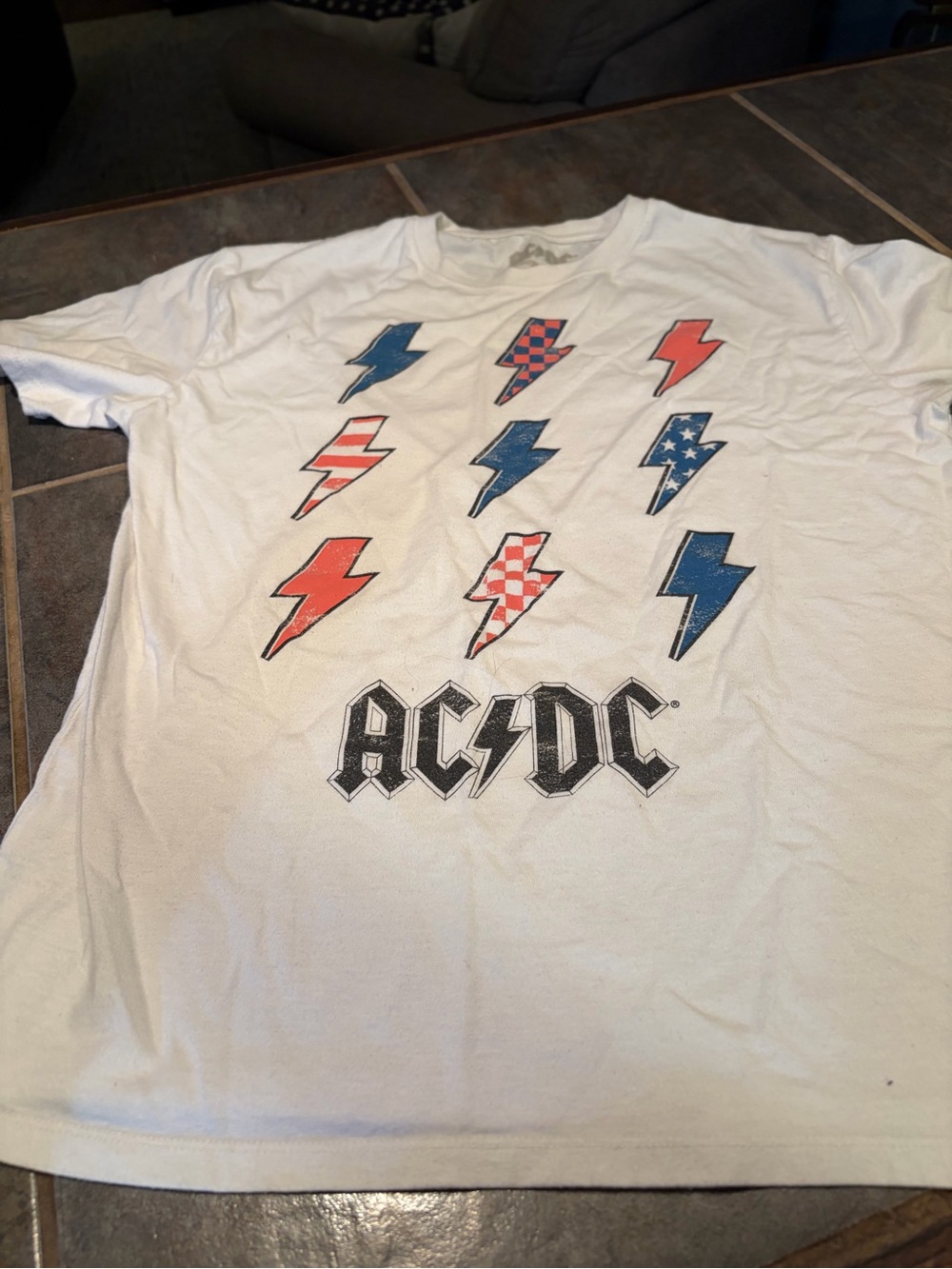 AC/DC White Short Sleeve Tee with Red and Blue Lightning Bolts - fits adult M